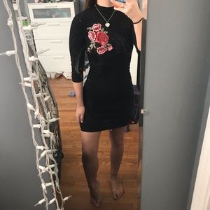Rose embroidered black mock neck dress